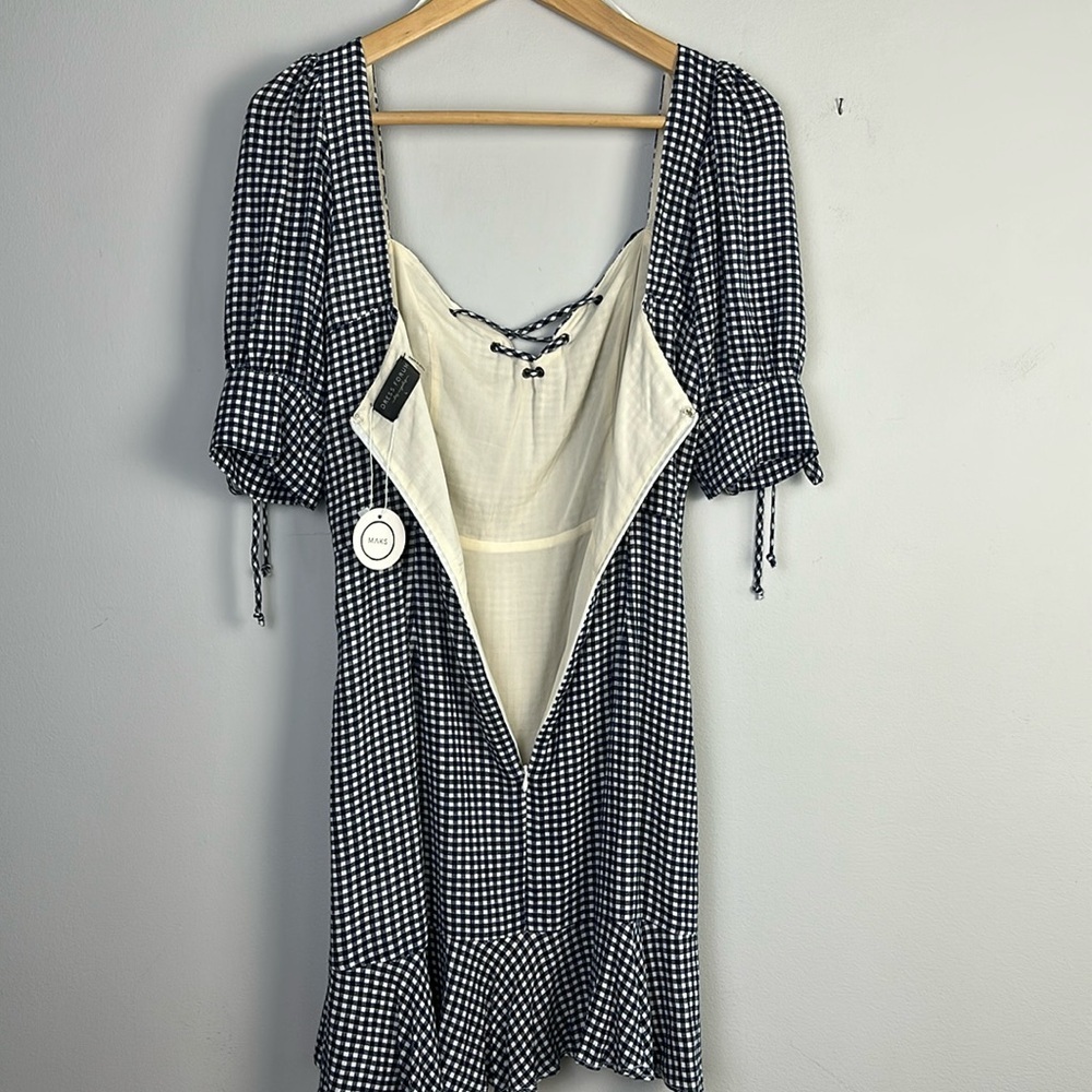 NEW Dress Forum Puff Sleeve Blue Gingham Mini Ruffle Hem Dress Lg Viscose Lined - Picture 15 of 16